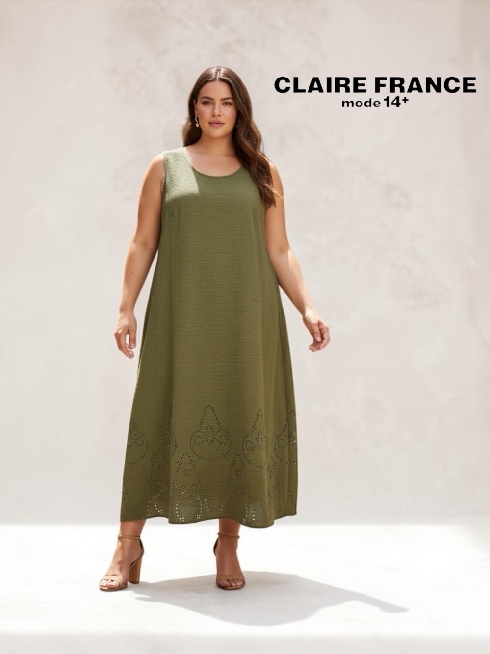 Claire France, 2X Olive Green Maxi Dress Plus Size Eyelet Cutout Sleeveless Boho